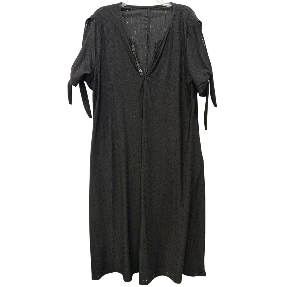 Black Eyelet Henley Midi Dress Tie Sleeve Cotton Blend Boho Swim Cover-Up
